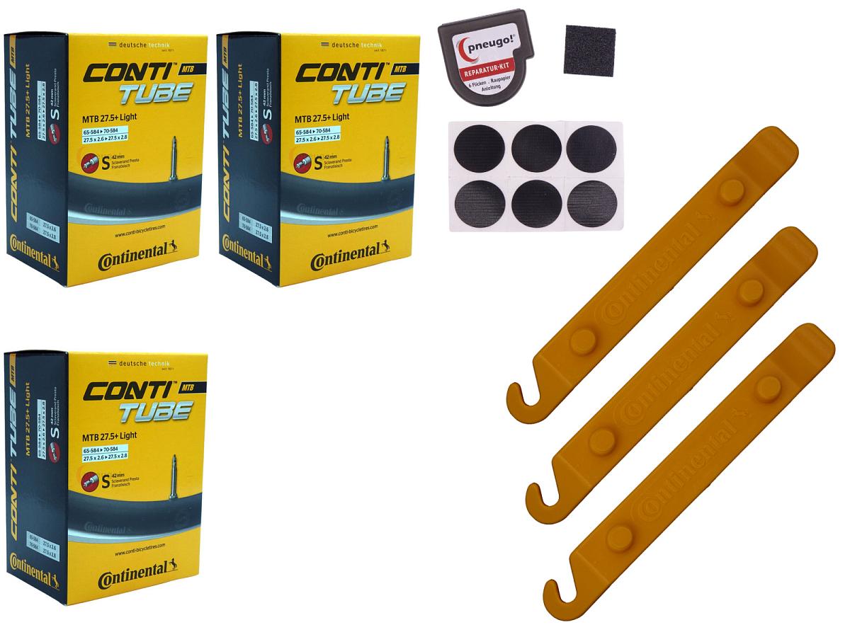 3x Fahrradschlauch Continental MTB 27.5 Wide Light 27.5 Zoll 65-584/70-584 Sclaverand-Ventil 42mm +3x Conti Reifenheber +pneugo! Reparatur-Kit