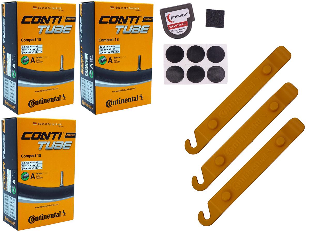 3x Fahrradschlauch Continental Compact 18 18 Zoll 32-355/47-355 Auto-Ventil 40mm +3x Conti Reifenheber +pneugo! Reparatur-Kit