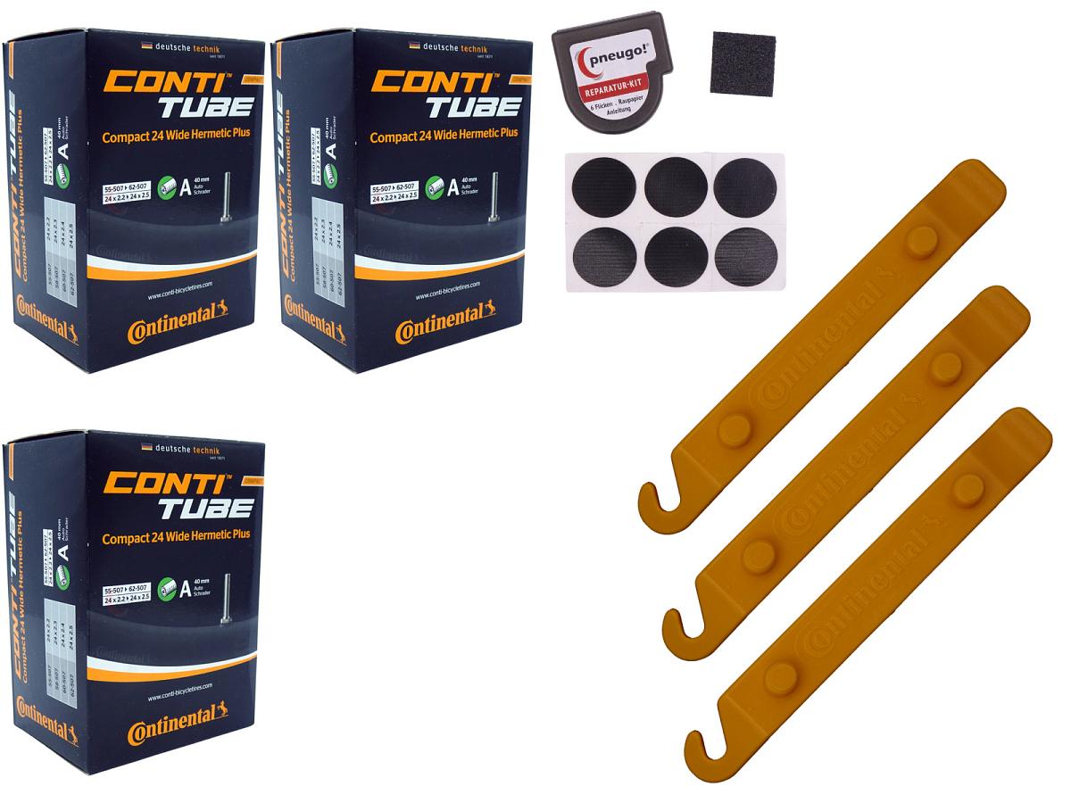 3x Fahrradschlauch Continental Hermetic Plus Compact 24 Wide 24 Zoll 55-507/62-507 Auto-Ventil 40mm +3x Conti Reifenheber +pneugo! Reparatur-Kit