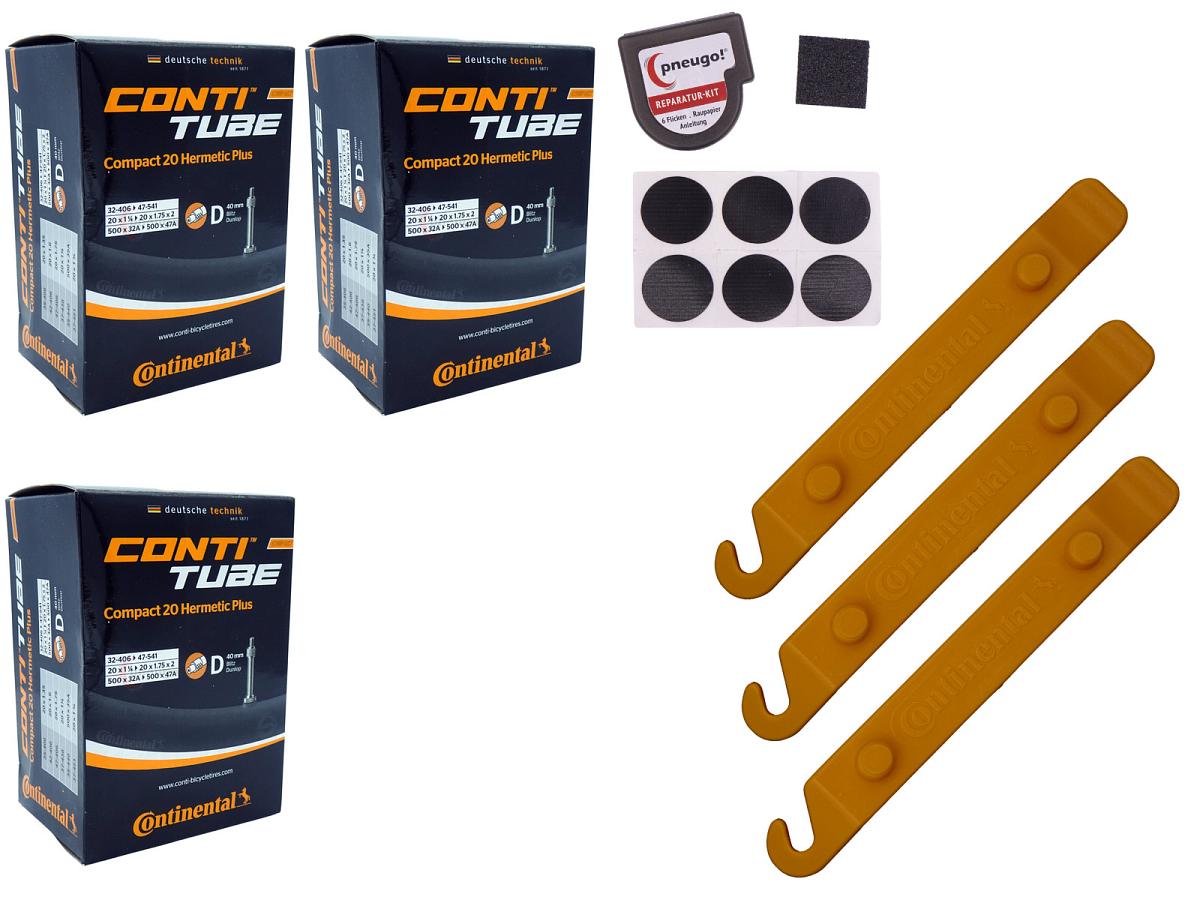 3x Fahrradschlauch Continental Hermetic Plus Compact 20 20 Zoll 35-406/47-406 Dunlop-Ventil 40mm +3x Conti Reifenheber +pneugo! Reparatur-Kit