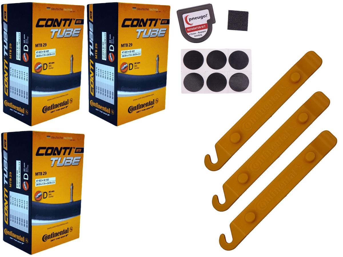 3x Fahrradschlauch Continental MTB 29 29 Zoll 47-622/62-622 Dunlop-Ventil 40mm +3x Conti Reifenheber +pneugo! Reparatur-Kit