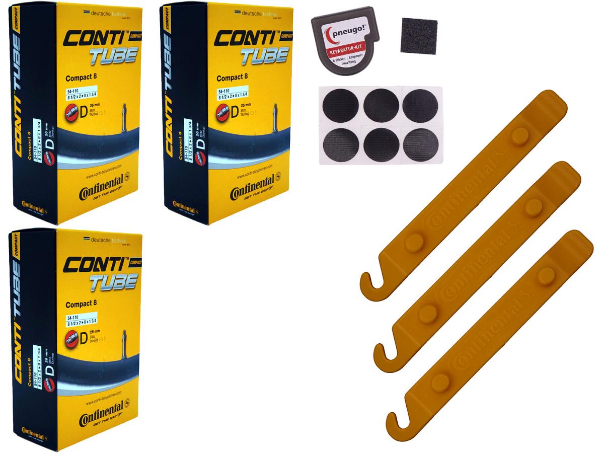 3x Fahrradschlauch Continental Compact 8 8 Zoll 54-110 Dunlop-Ventil 26mm +3x Conti Reifenheber +pneugo! Reparatur-Kit