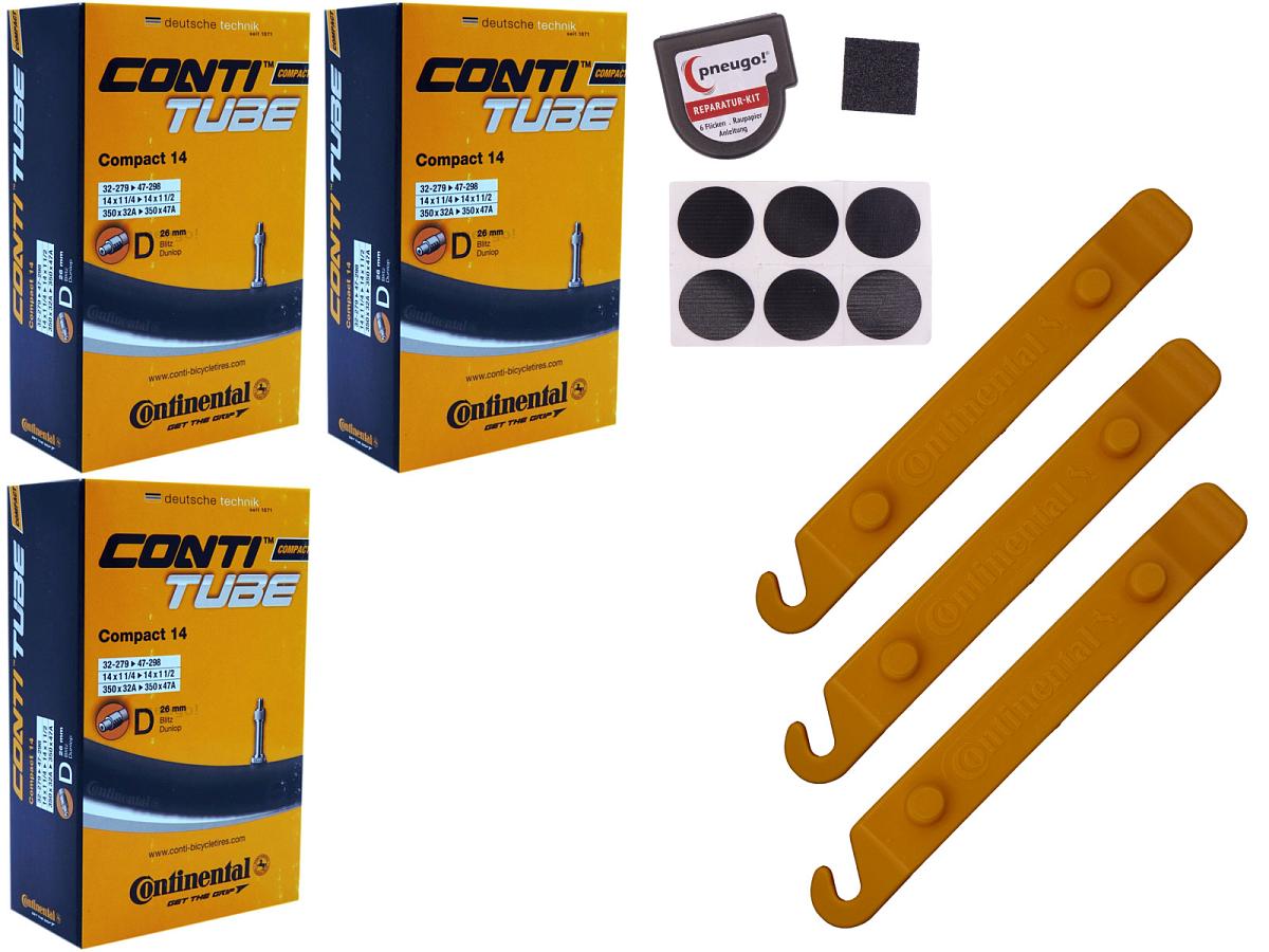 3x Fahrradschlauch Continental Compact 14 14 Zoll 32-279/47-298 Dunlop-Ventil 26mm +3x Conti Reifenheber +pneugo! Reparatur-Kit