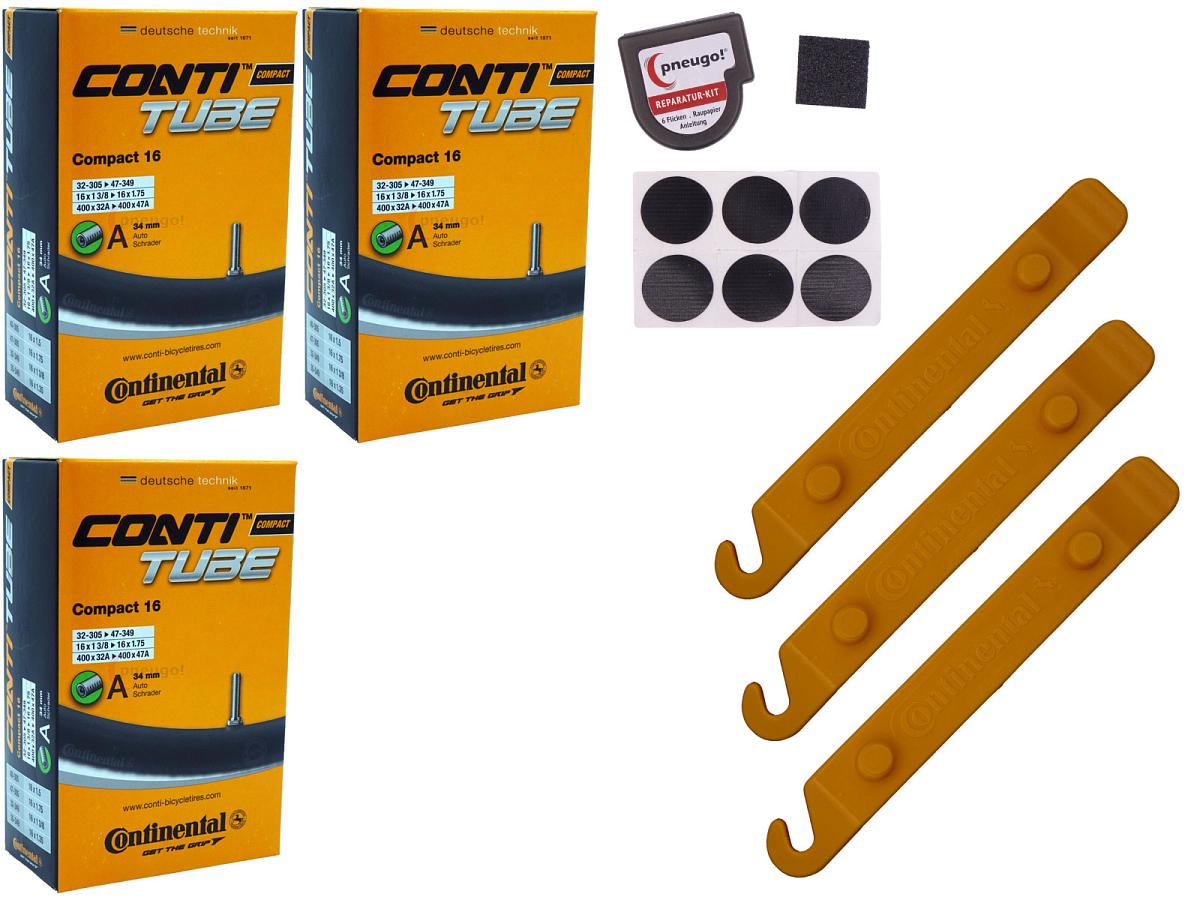 3x Fahrradschlauch Continental Compact 16 16 Zoll 32-305/47-349 Auto-Ventil 34mm +3x Conti Reifenheber +pneugo! Reparatur-Kit