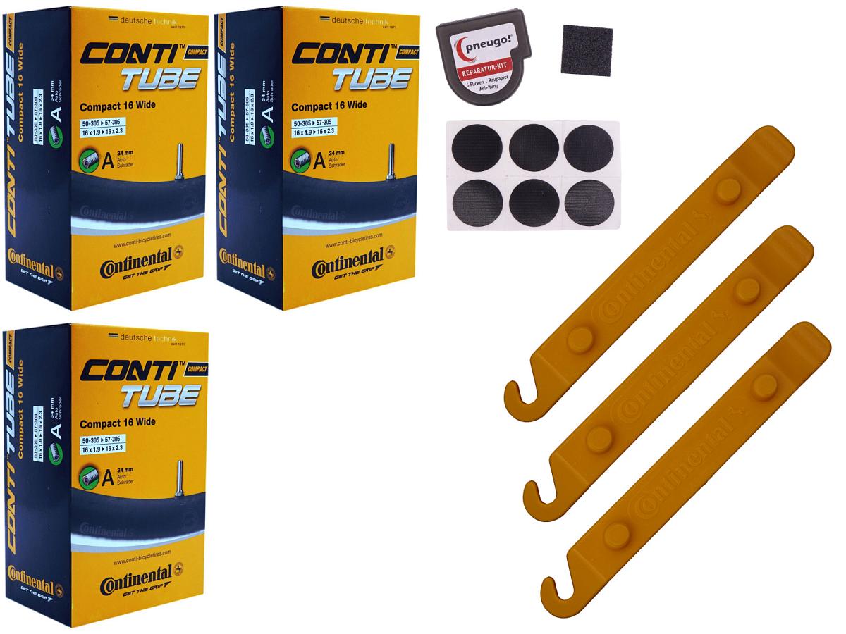 3x Fahrradschlauch Continental Compact 16 Wide 16 Zoll 50-305/57-305 Auto-Ventil 34mm +3x Conti Reifenheber +pneugo! Reparatur-Kit