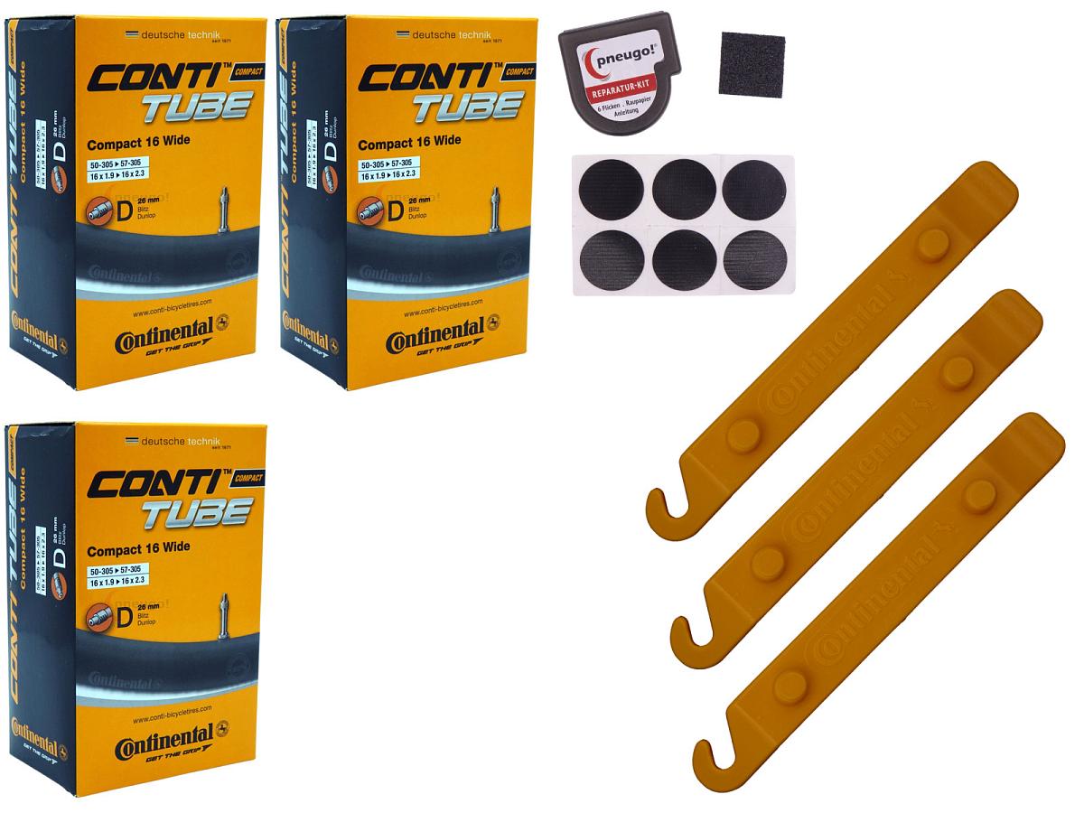 3x Fahrradschlauch Continental Compact 16 Wide 16 Zoll 50-305/57-305 Dunlop-Ventil 26mm +3x Conti Reifenheber +pneugo! Reparatur-Kit