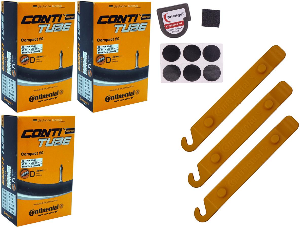 3x Fahrradschlauch Continental Compact 20 20 Zoll 32-451/47-451 Dunlop-Ventil 40mm +3x Conti Reifenheber +pneugo! Reparatur-Kit