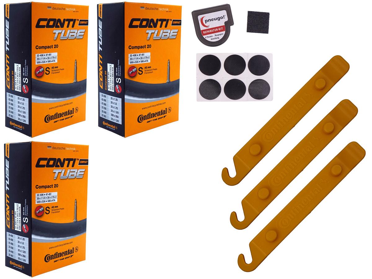 3x Fahrradschlauch Continental Compact 20 20 Zoll 35-406/47-406 Sclaverand-Ventil 42mm +3x Conti Reifenheber +pneugo! Reparatur-Kit