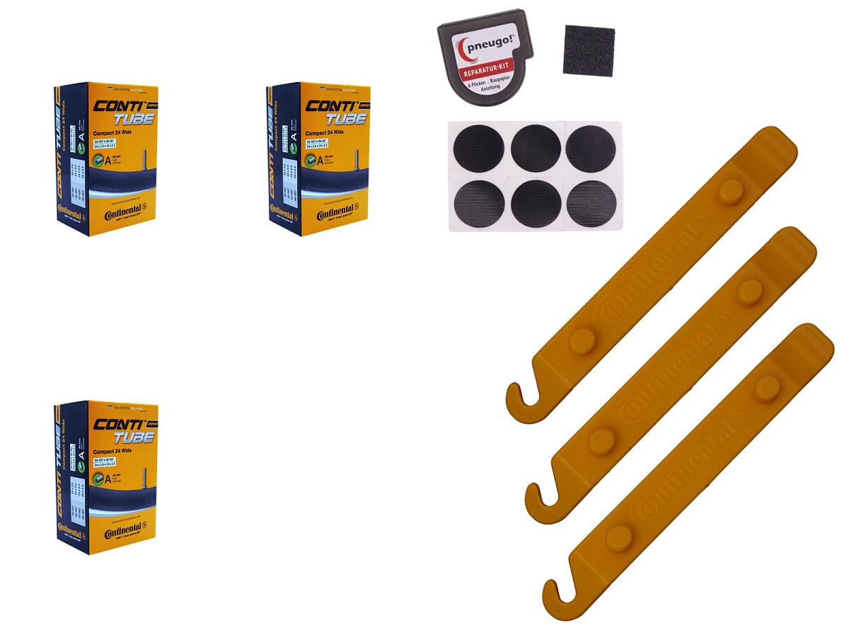 3x Fahrradschlauch Continental Compact 24 Wide 24 Zoll 50-507/60-507 Auto-Ventil 40mm +3x Conti Reifenheber +pneugo! Reparatur-Kit