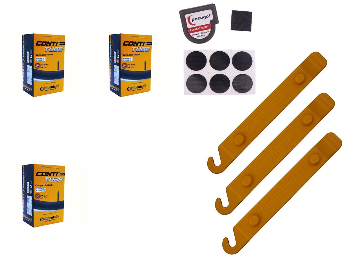 3x Fahrradschlauch Continental Compact 24 Wide 24 Zoll 50-507/60-507 Dunlop-Ventil 40mm +3x Conti Reifenheber +pneugo! Reparatur-Kit