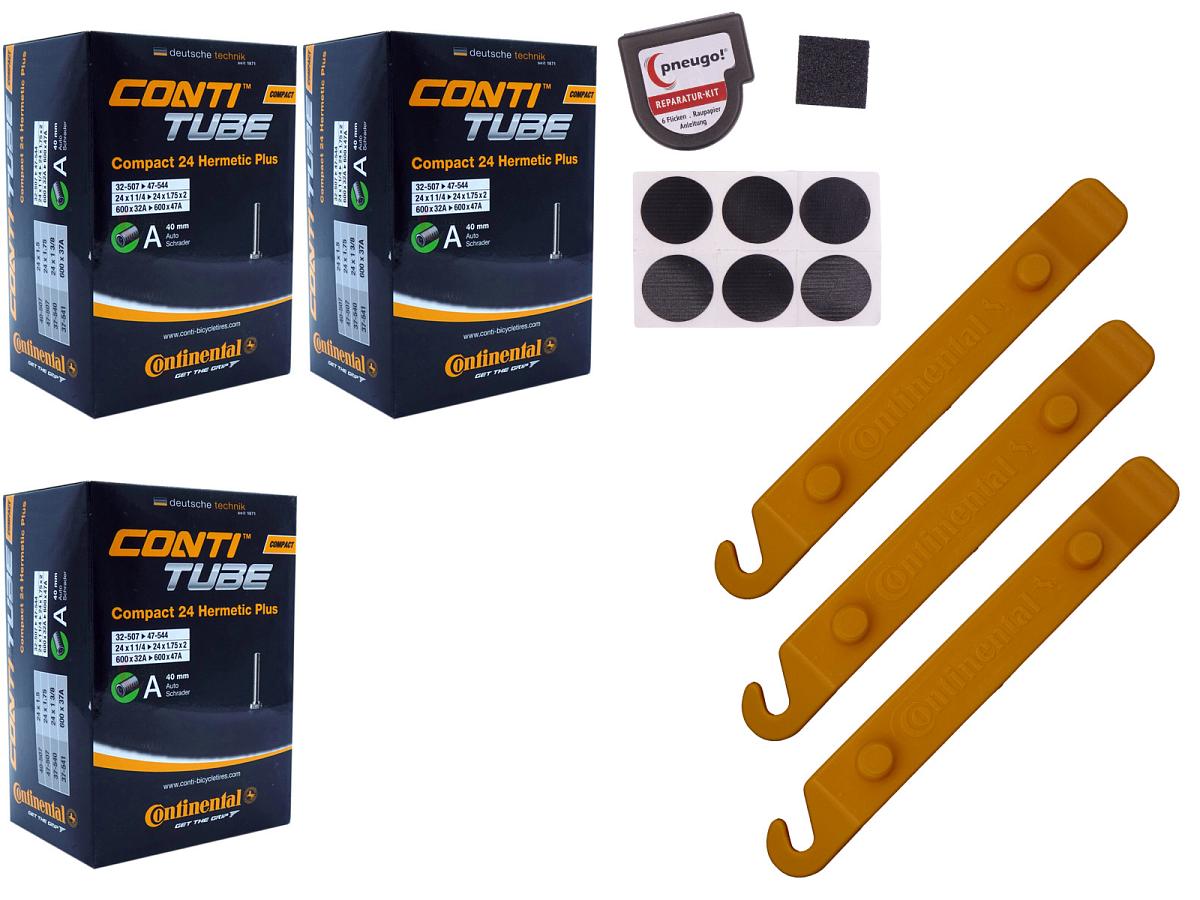 3x Fahrradschlauch Continental Hermetic Plus Compact 24 24 Zoll 32-507/47-544 Auto-Ventil 40mm +3x Conti Reifenheber +pneugo! Reparatur-Kit