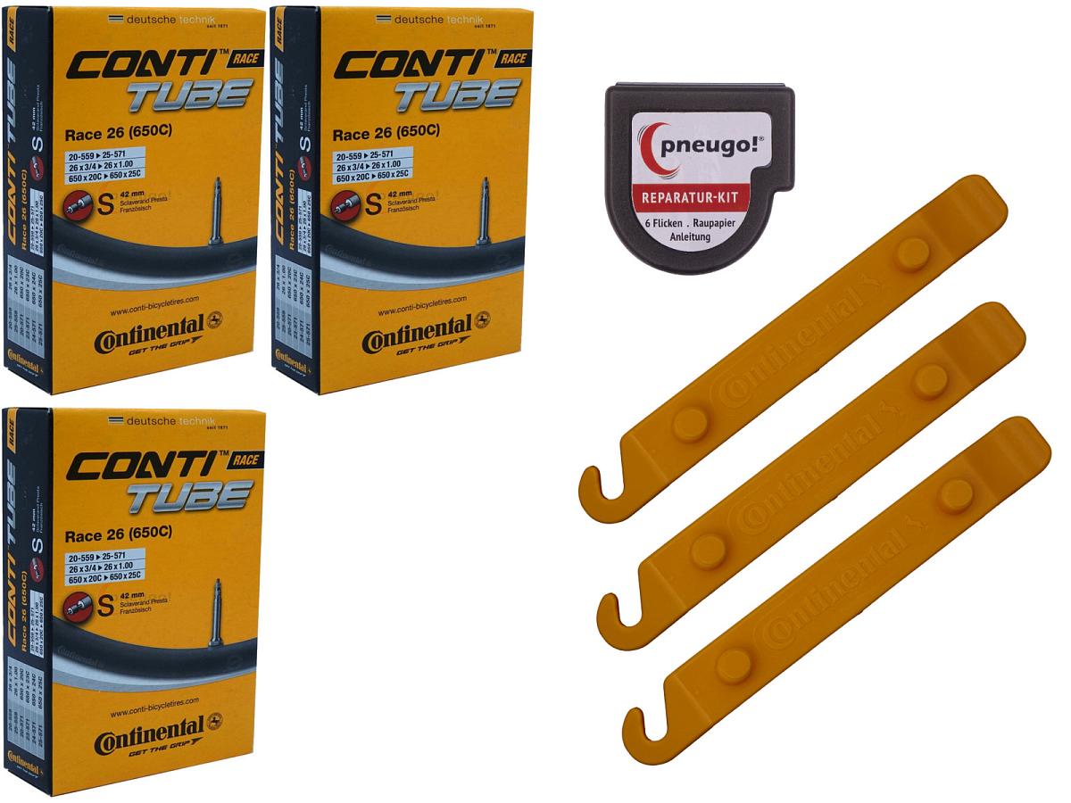 3x Fahrradschlauch Continental Race 26 26 Zoll 20-559/25-571 Sclaverand-Ventil 42mm +3x Conti Reifenheber +pneugo! Reparatur-Kit