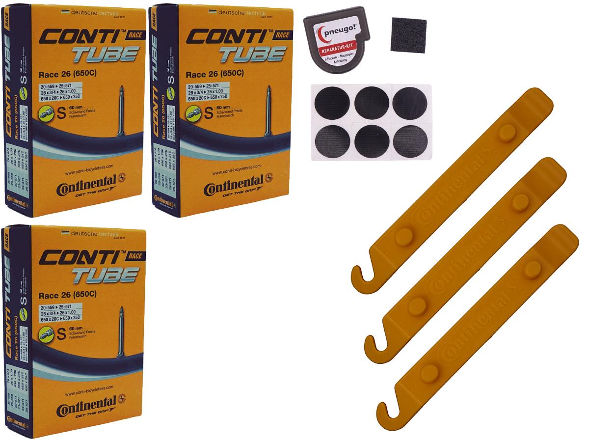 3x Fahrradschlauch Continental Race 26 26 Zoll 20-559/25-571 Sclaverand-Ventil 60mm +3x Conti Reifenheber +pneugo! Reparatur-Kit