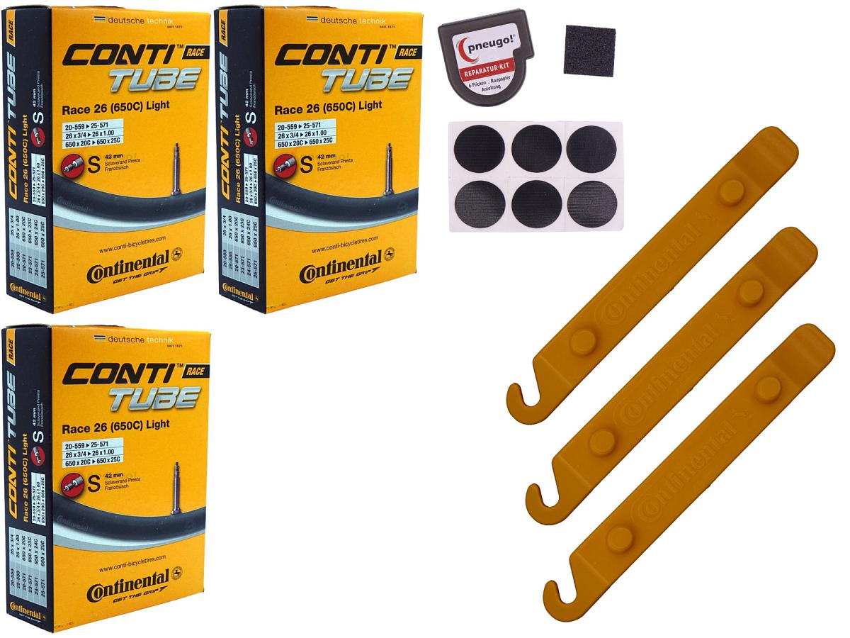 3x Fahrradschlauch Continental Race 26 Light 26 Zoll 20-559/25-571 Sclaverand-Ventil 42mm +3x Conti Reifenheber +pneugo! Reparatur-Kit