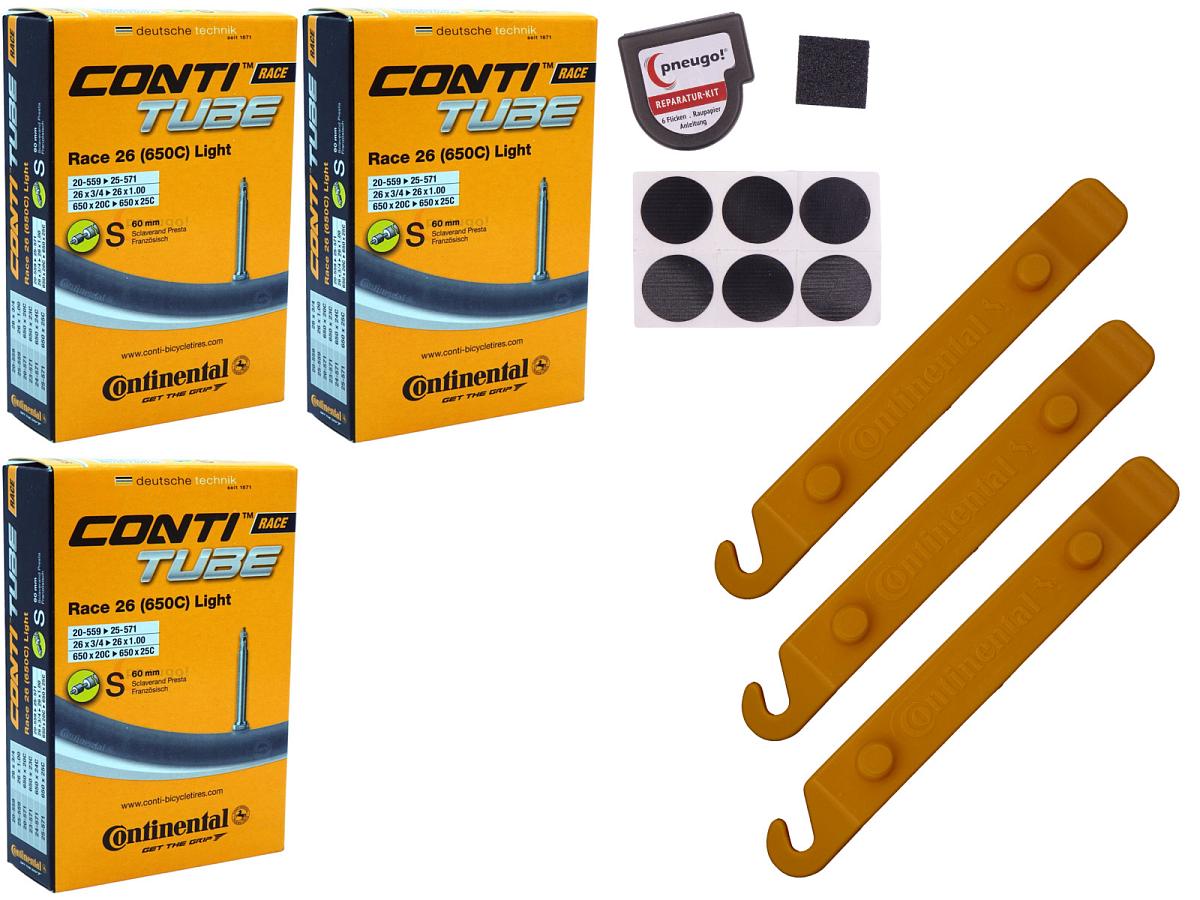 3x Fahrradschlauch Continental Race 26 Light 26 Zoll 20-559/25-571 Sclaverand-Ventil 60mm +3x Conti Reifenheber +pneugo! Reparatur-Kit