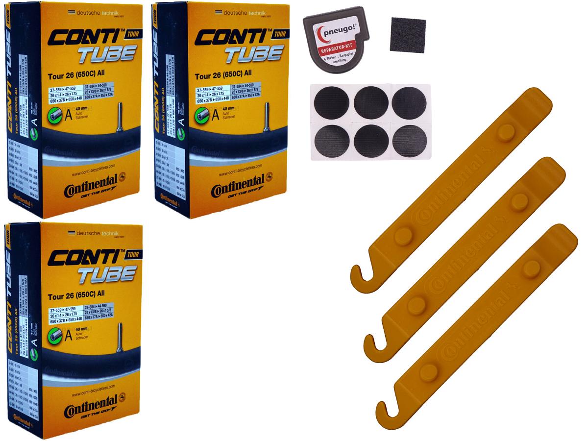 3x Fahrradschlauch Continental Tour 26 All 26 Zoll 37-559/47-571 Auto-Ventil 40mm +3x Conti Reifenheber +pneugo! Reparatur-Kit