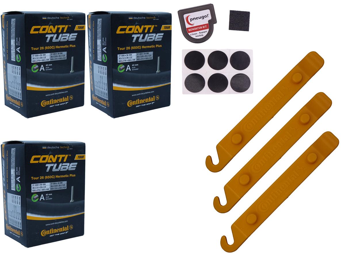 3x Fahrradschlauch Continental Hermetic Plus Tour 26 All 26 Zoll 37-559/50-559 Auto-Ventil 40mm +3x Conti Reifenheber +pneugo! Reparatur-Kit