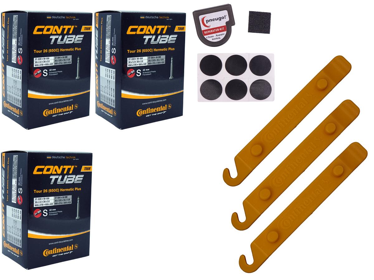 3x Fahrradschlauch Continental Hermetic Plus Tour 26 All 26 Zoll 37-559/50-559 Sclaverand-Ventil 42mm +3x Conti Reifenheber +pneugo! Reparatur-Kit