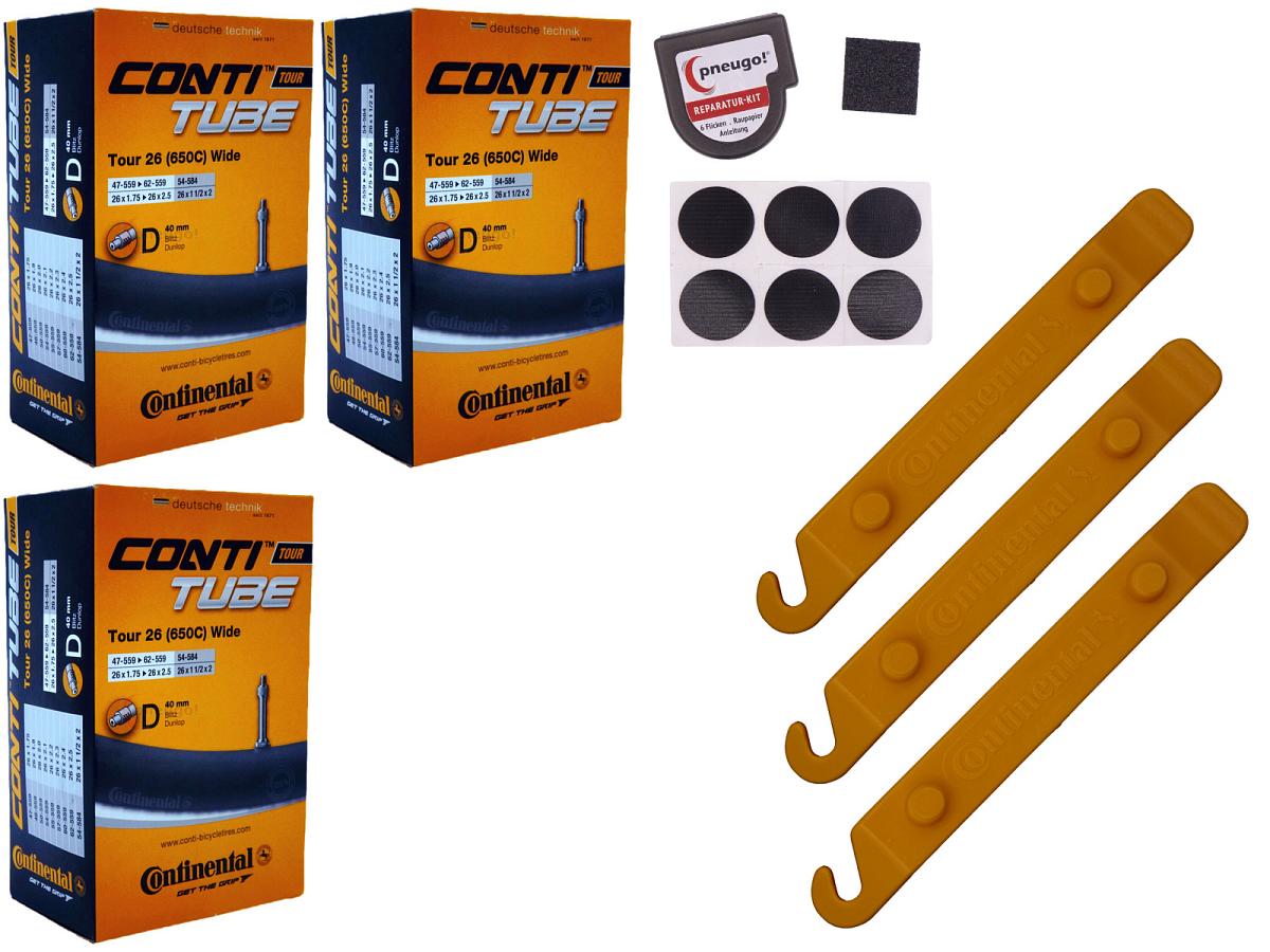 3x Fahrradschlauch Continental Tour 26 Wide 26 Zoll 47-559/62-559 Dunlop-Ventil 40mm +3x Conti Reifenheber +pneugo! Reparatur-Kit