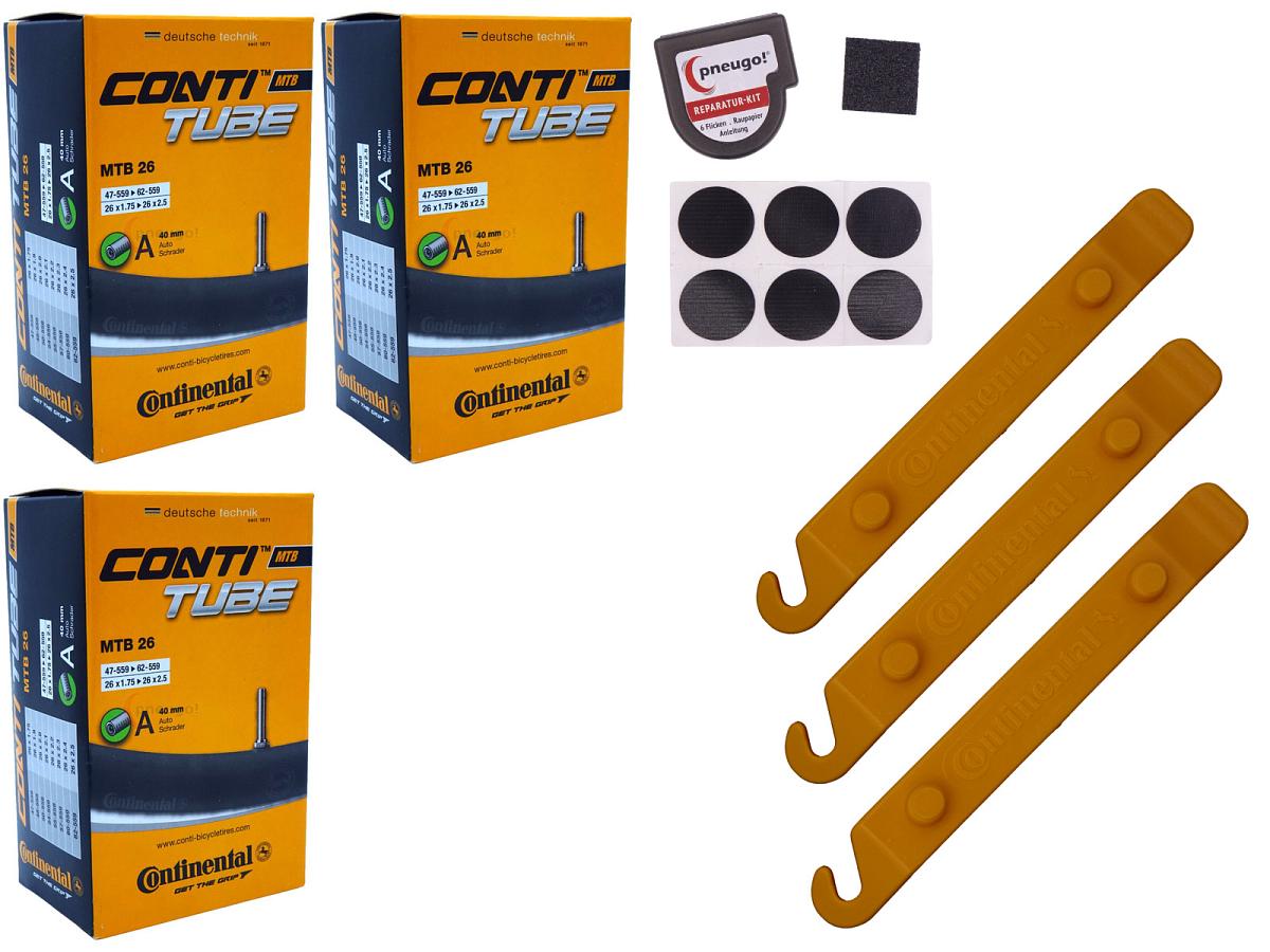 3x Fahrradschlauch Continental MTB 26 26 Zoll 47-559/62-559 Auto-Ventil 40mm +3x Conti Reifenheber +pneugo! Reparatur-Kit