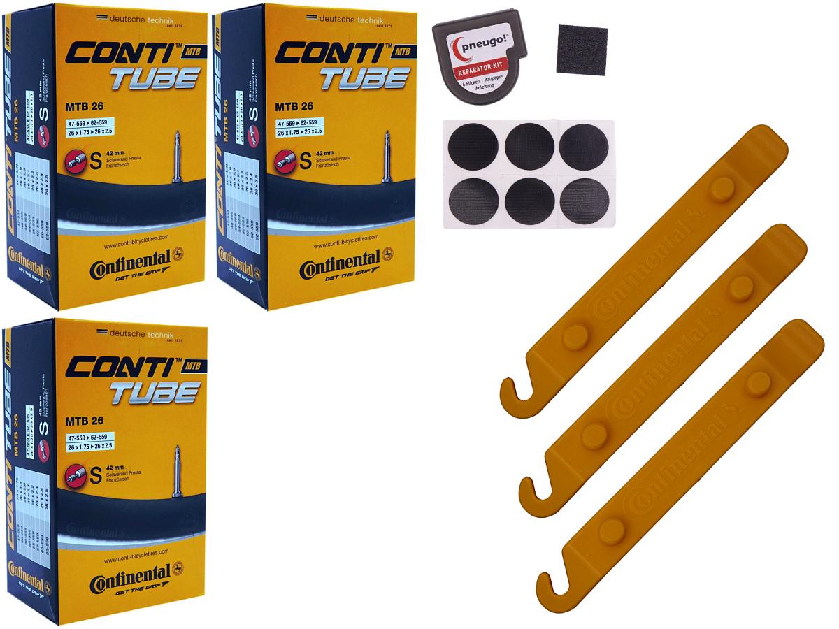 3x Fahrradschlauch Continental MTB 26 26 Zoll  Sclaverand-Ventil 42mm +3x Conti Reifenheber +pneugo! Reparatur-Kit