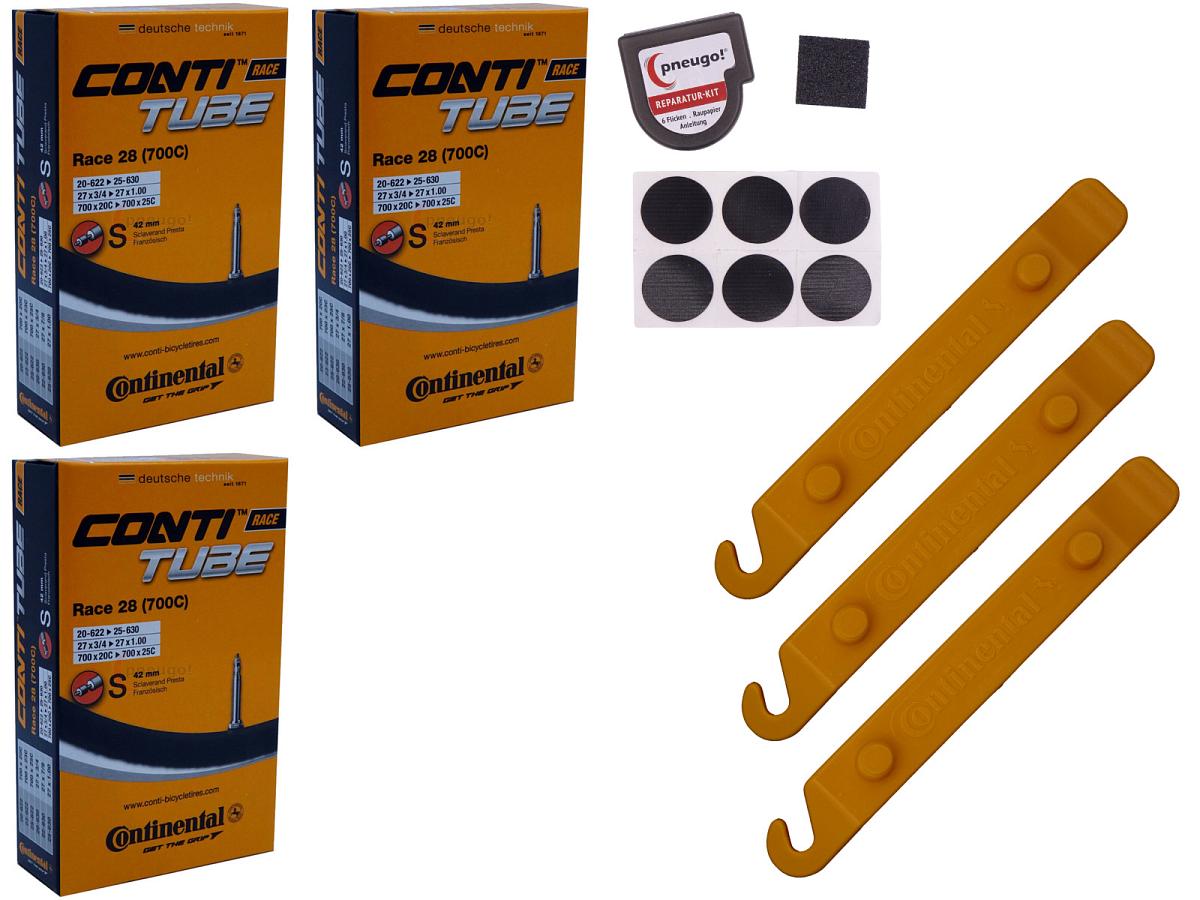 3x Fahrradschlauch Continental Race 28 28 Zoll 20-622/25-630 Sclaverand-Ventil 42mm +3x Conti Reifenheber +pneugo! Reparatur-Kit