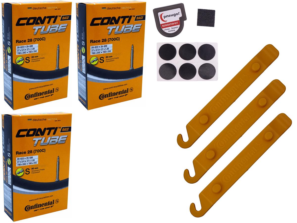 3x Fahrradschlauch Continental Race 28 28 Zoll 20-622/25-630 Sclaverand-Ventil 60mm +3x Conti Reifenheber +pneugo! Reparatur-Kit