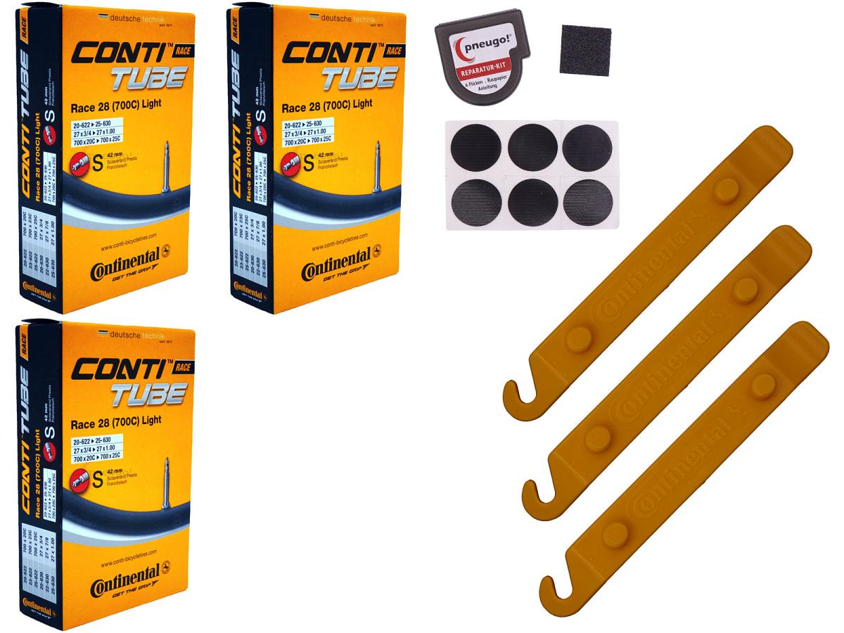 3x Fahrradschlauch Continental Race 28 Light 28 Zoll 20-622/25-630 Sclaverand-Ventil 42mm +3x Conti Reifenheber +pneugo! Reparatur-Kit