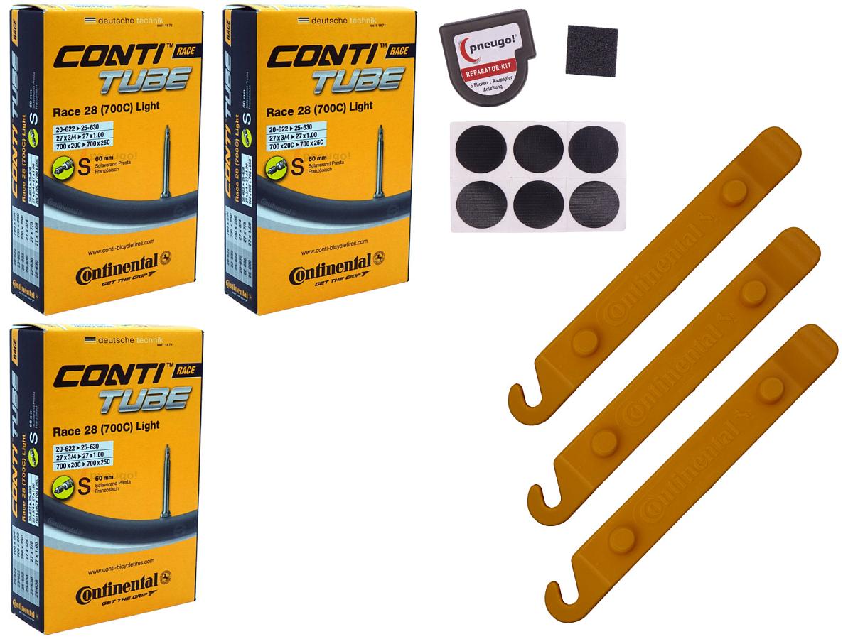 3x Fahrradschlauch Continental Race 28 Light 28 Zoll 20-622/25-630 Sclaverand-Ventil 60mm +3x Conti Reifenheber +pneugo! Reparatur-Kit