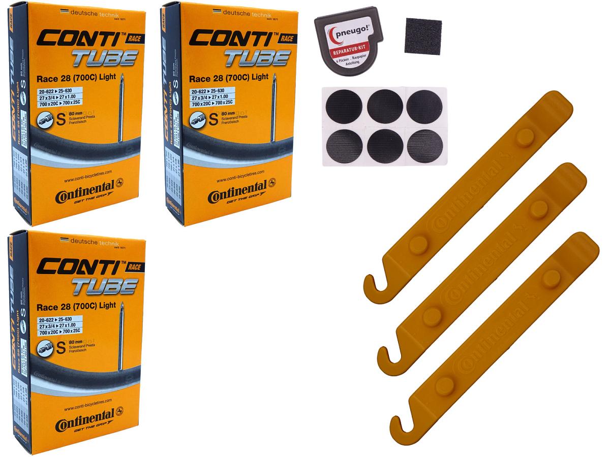 3x Fahrradschlauch Continental Race 28 Light 28 Zoll 20-622/25-630 Sclaverand-Ventil 80mm +3x Conti Reifenheber +pneugo! Reparatur-Kit