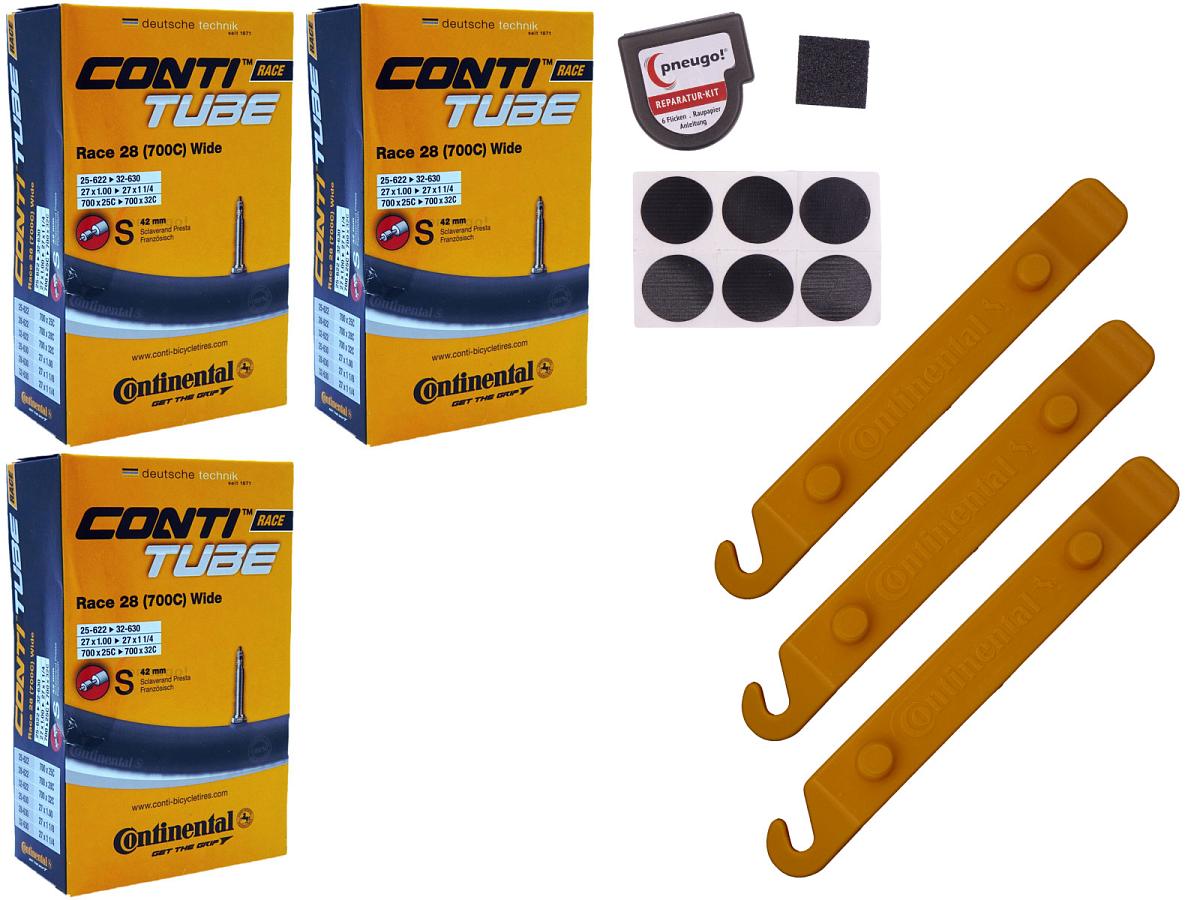 3x Fahrradschlauch Continental Race 28 Wide 28 Zoll 25-622/32-630 Sclaverand-Ventil 42mm +3x Conti Reifenheber +pneugo! Reparatur-Kit