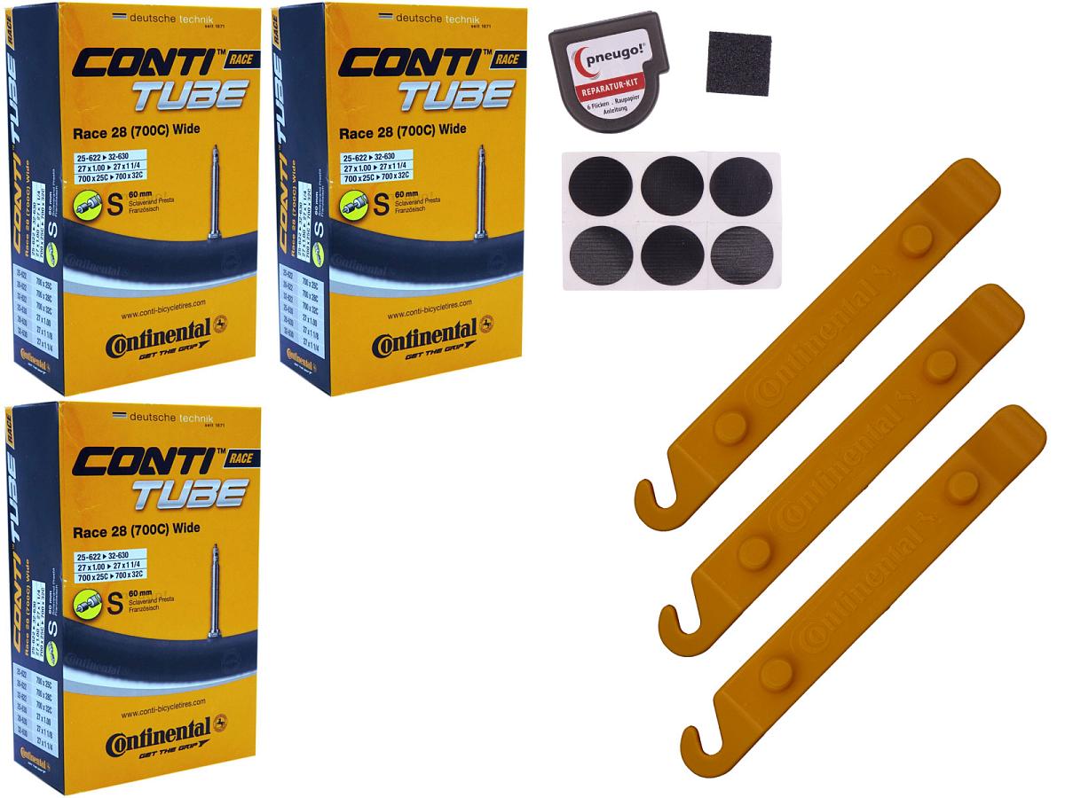 3x Fahrradschlauch Continental Race 28 Wide 28 Zoll 25-622/32-630 Sclaverand-Ventil 60mm +3x Conti Reifenheber +pneugo! Reparatur-Kit