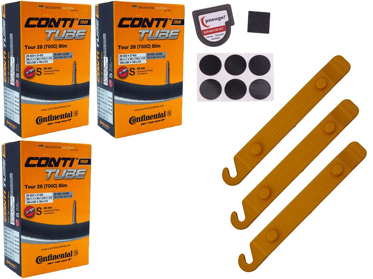 3x Fahrradschlauch Continental Tour 28 Slim 28 Zoll 28-622/37-622 Sclaverand-Ventil 42mm +3x Conti Reifenheber +pneugo! Reparatur-Kit