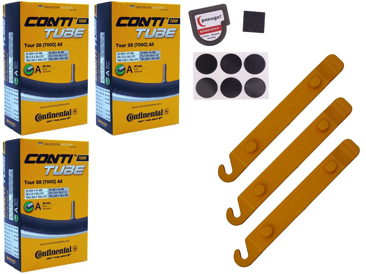 3x Fahrradschlauch Continental Tour 28 All 28 Zoll 32-622/47-622 Auto-Ventil 40mm +3x Conti Reifenheber +pneugo! Reparatur-Kit