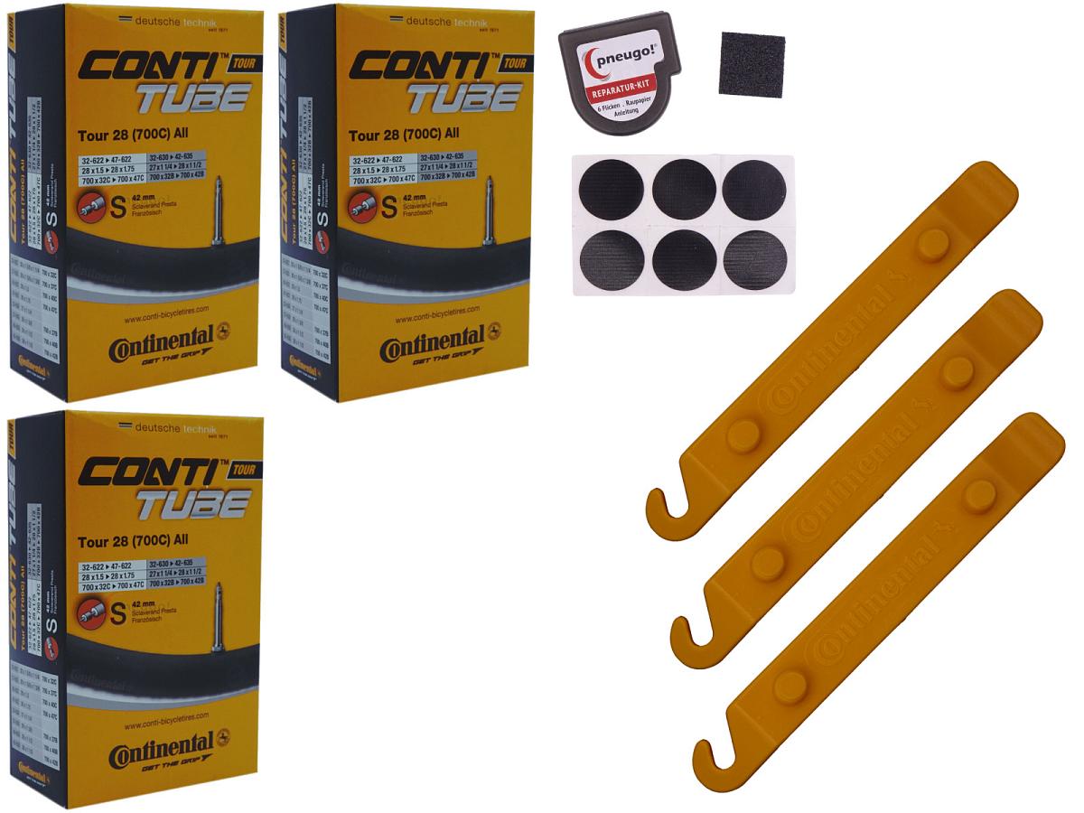 3x Fahrradschlauch Continental Tour 28 All 28 Zoll 32-622/47-622 Sclaverand-Ventil 42mm +3x Conti Reifenheber +pneugo! Reparatur-Kit