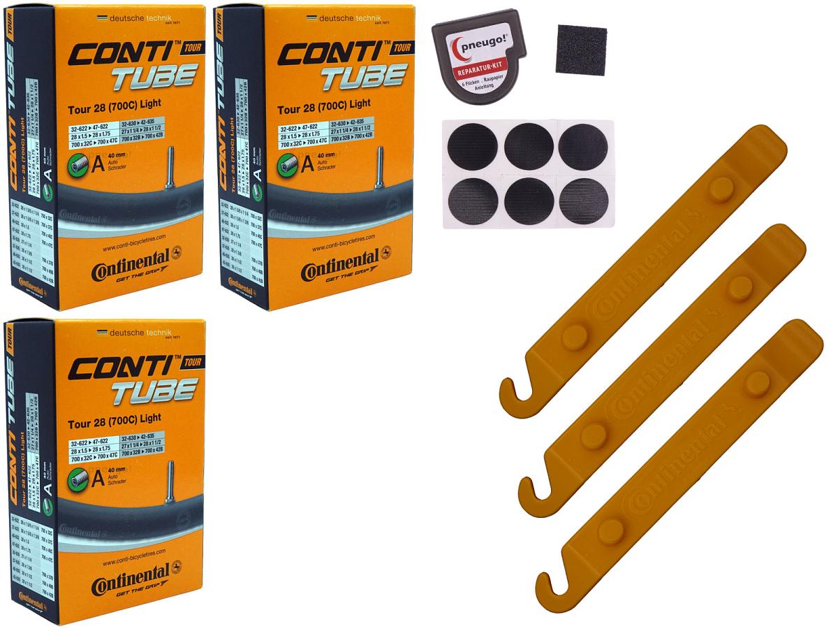 3x Fahrradschlauch Continental Tour 28 Light 28 Zoll 32-622/47-622 Auto-Ventil 40mm +3x Conti Reifenheber +pneugo! Reparatur-Kit