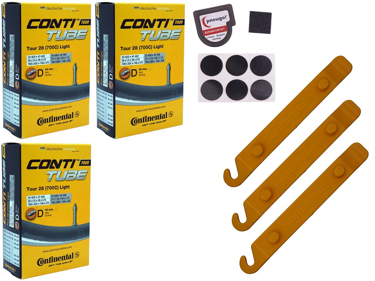 3x Fahrradschlauch Continental Tour 28 Light 28 Zoll 32-622/47-622 Dunlop-Ventil 40mm +3x Conti Reifenheber +pneugo! Reparatur-Kit