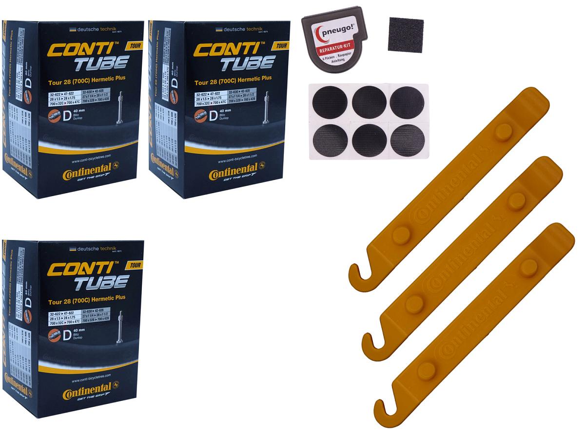 3x Fahrradschlauch Continental Hermetic Plus Tour 28 All 28 Zoll 32-622/47-622 Dunlop-Ventil 40mm +3x Conti Reifenheber +pneugo! Reparatur-Kit