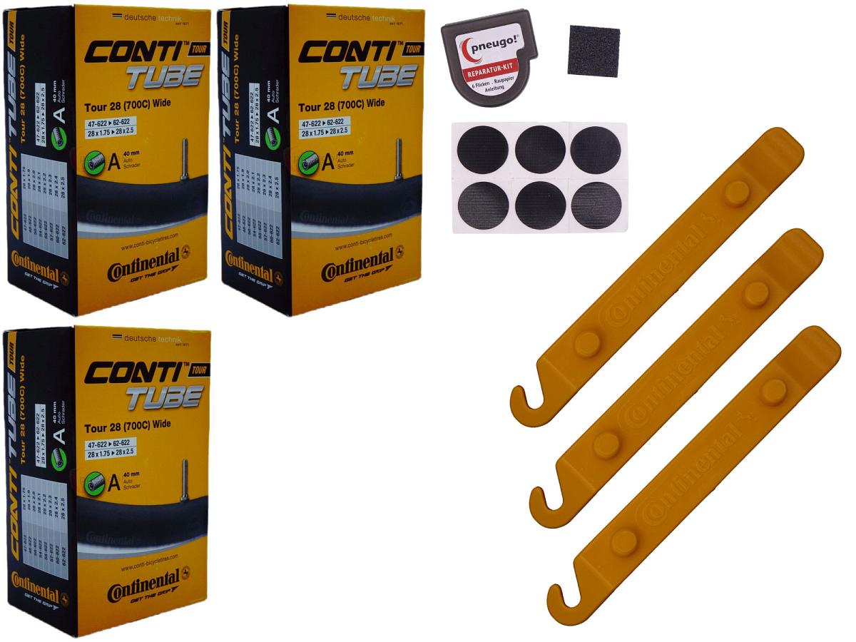 3x Fahrradschlauch Continental Tour 28 Wide 28 Zoll 47-622/62-622 Auto-Ventil 40mm +3x Conti Reifenheber +pneugo! Reparatur-Kit