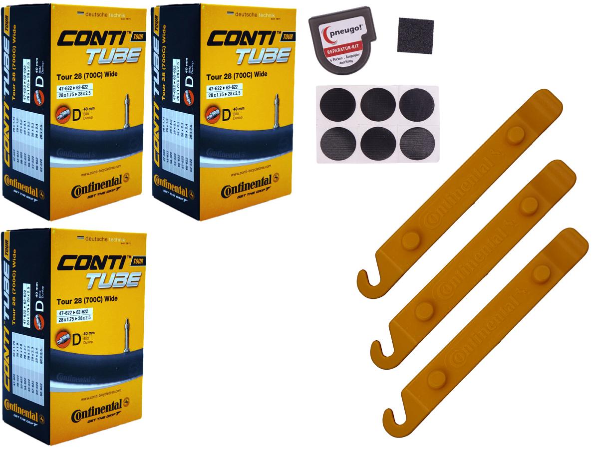 3x Fahrradschlauch Continental Tour 28 Wide 28 Zoll 47-622/62-622 Dunlop-Ventil 40mm +3x Conti Reifenheber +pneugo! Reparatur-Kit