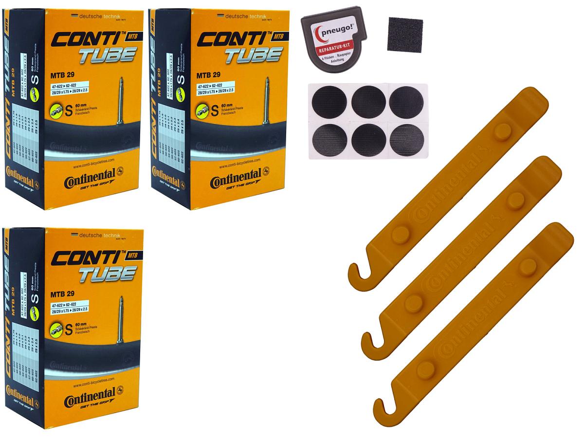 3x Fahrradschlauch Continental MTB29 28+29 Zoll 47-622/62-622 Sclaverand-Ventil 60mm +3x Conti Reifenheber +pneugo! Reparatur-Kit