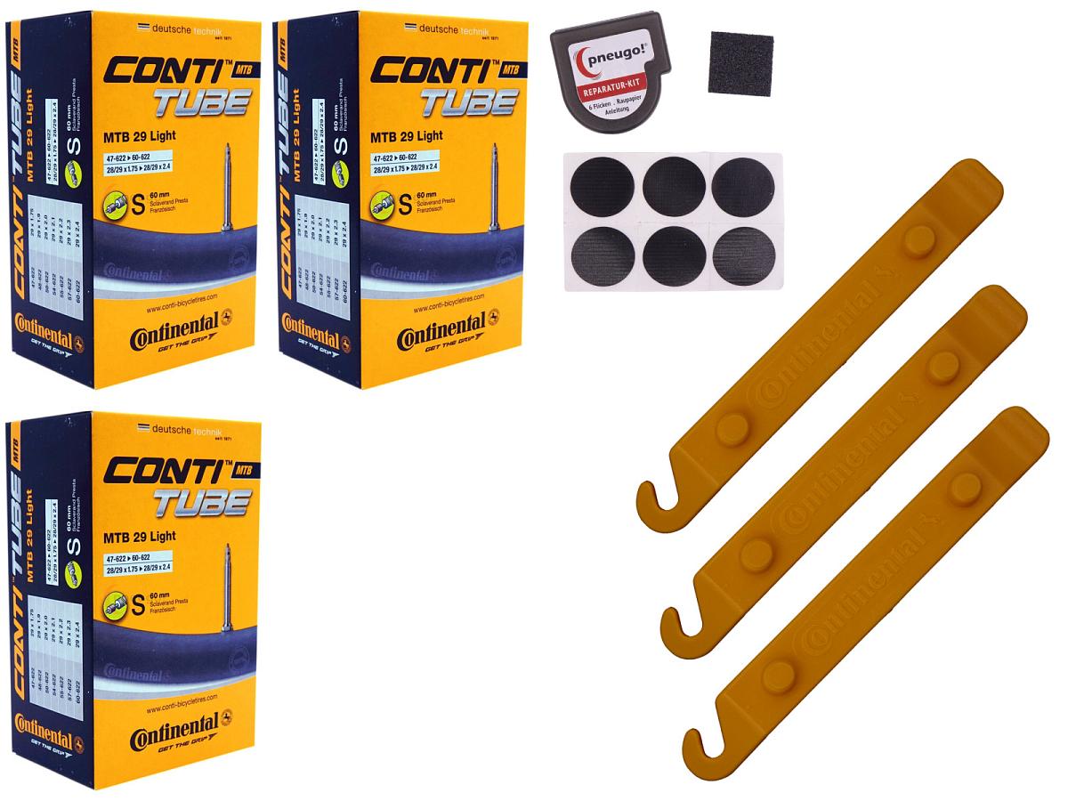 3x Fahrradschlauch Continental MTB 29 Light 29 Zoll 47-622/60-622 Sclaverand-Ventil 60mm +3x Conti Reifenheber +pneugo! Reparatur-Kit