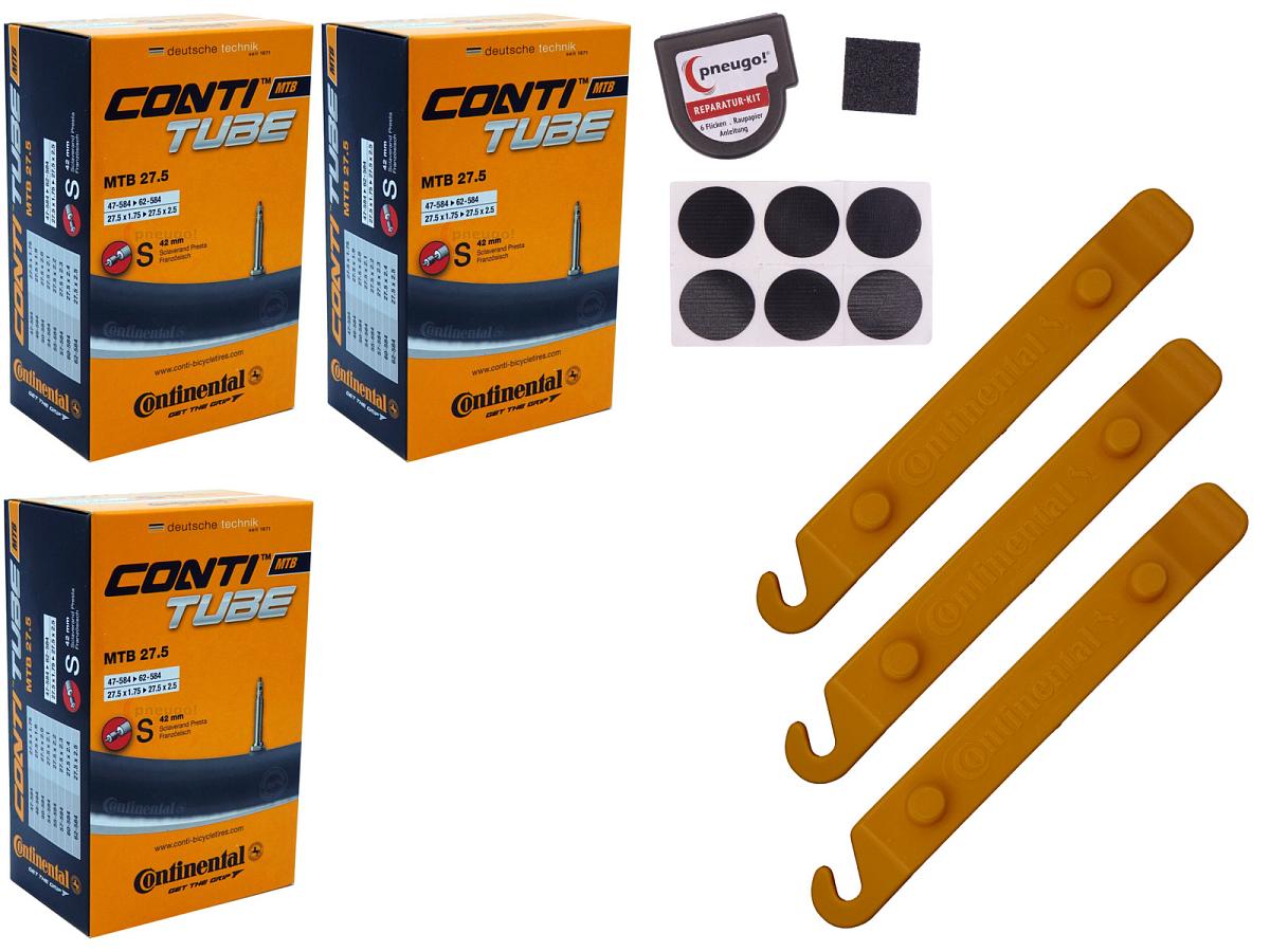 3x Fahrradschlauch Continental MTB 27.5 27.5 Zoll 47-584/62-584 Sclaverand-Ventil 42mm +3x Conti Reifenheber +pneugo! Reparatur-Kit