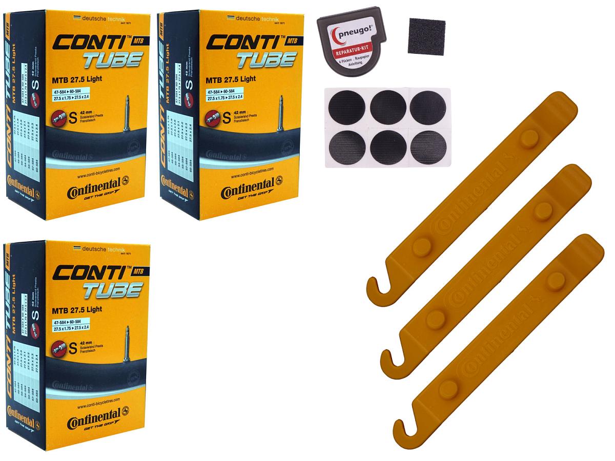 3x Fahrradschlauch Continental MTB 27.5 Light 27.5 Zoll 47-584/60-584 Sclaverand-Ventil 42mm +3x Conti Reifenheber +pneugo! Reparatur-Kit