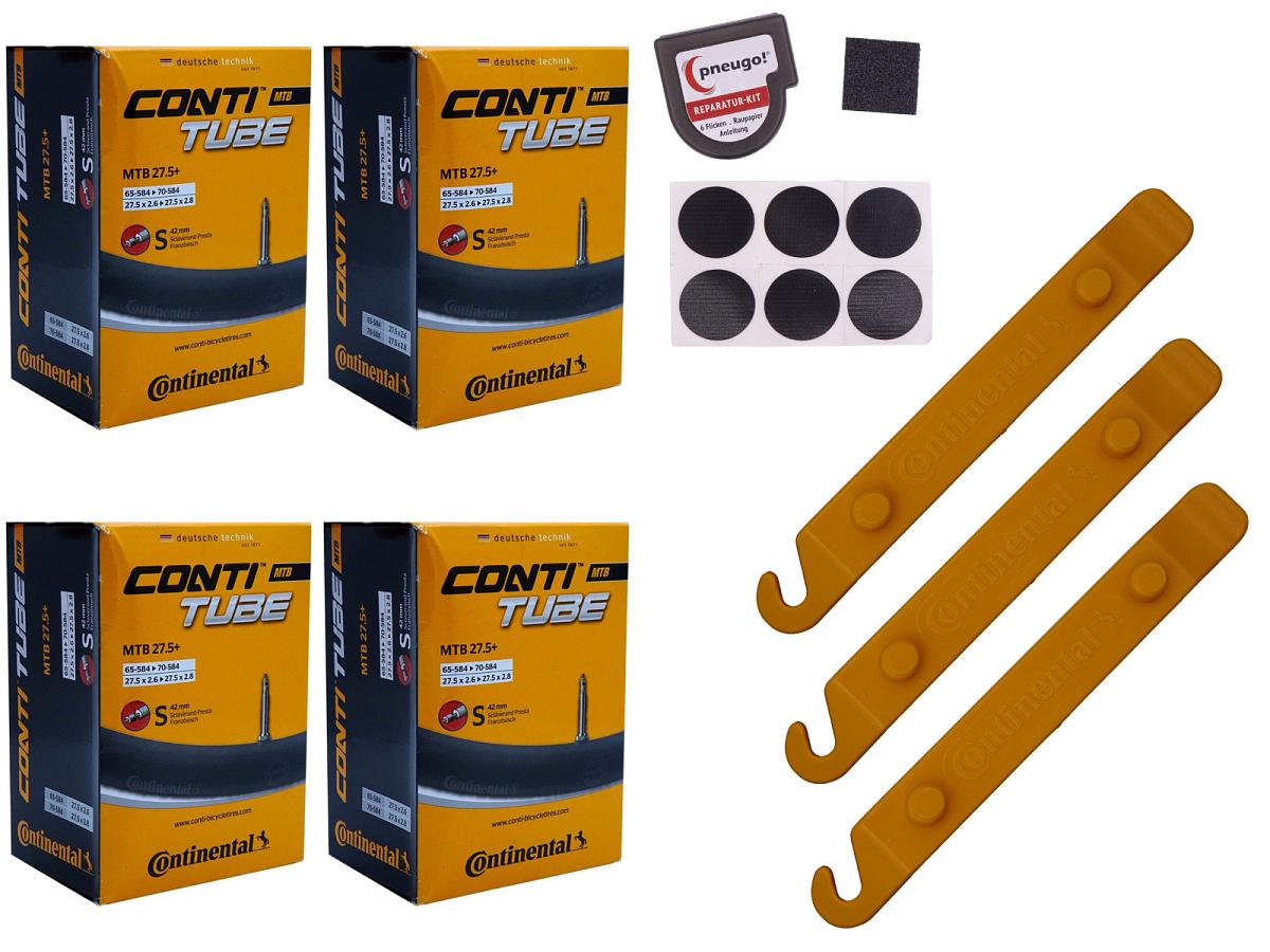 4x Fahrradschlauch Continental MTB 27.5 Wide 27.5 Zoll 65-584/70-584 Sclaverand-Ventil 42mm +3x Conti Reifenheber +pneugo! Reparatur-Kit