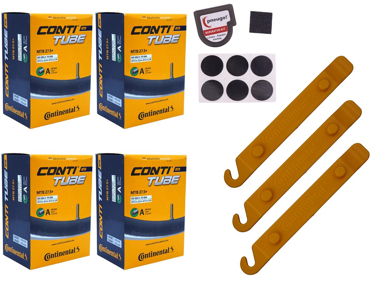 4x Fahrradschlauch Continental MTB 27.5 Wide 27.5 Zoll 65-584/70-584 Auto-Ventil 40mm +3x Conti Reifenheber +pneugo! Reparatur-Kit