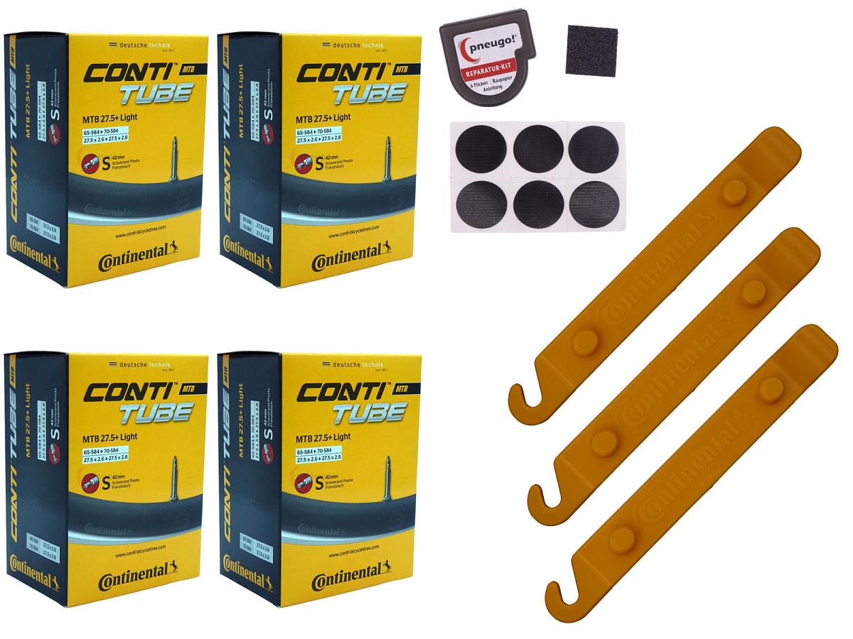 4x Fahrradschlauch Continental MTB 27.5 Wide Light 27.5 Zoll 65-584/70-584 Sclaverand-Ventil 42mm +3x Conti Reifenheber +pneugo! Reparatur-Kit