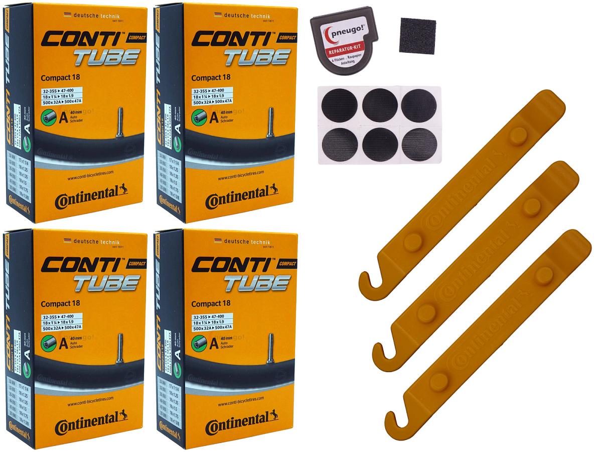 4x Fahrradschlauch Continental Compact 18 18 Zoll 32-355/47-355 Auto-Ventil 40mm +3x Conti Reifenheber +pneugo! Reparatur-Kit