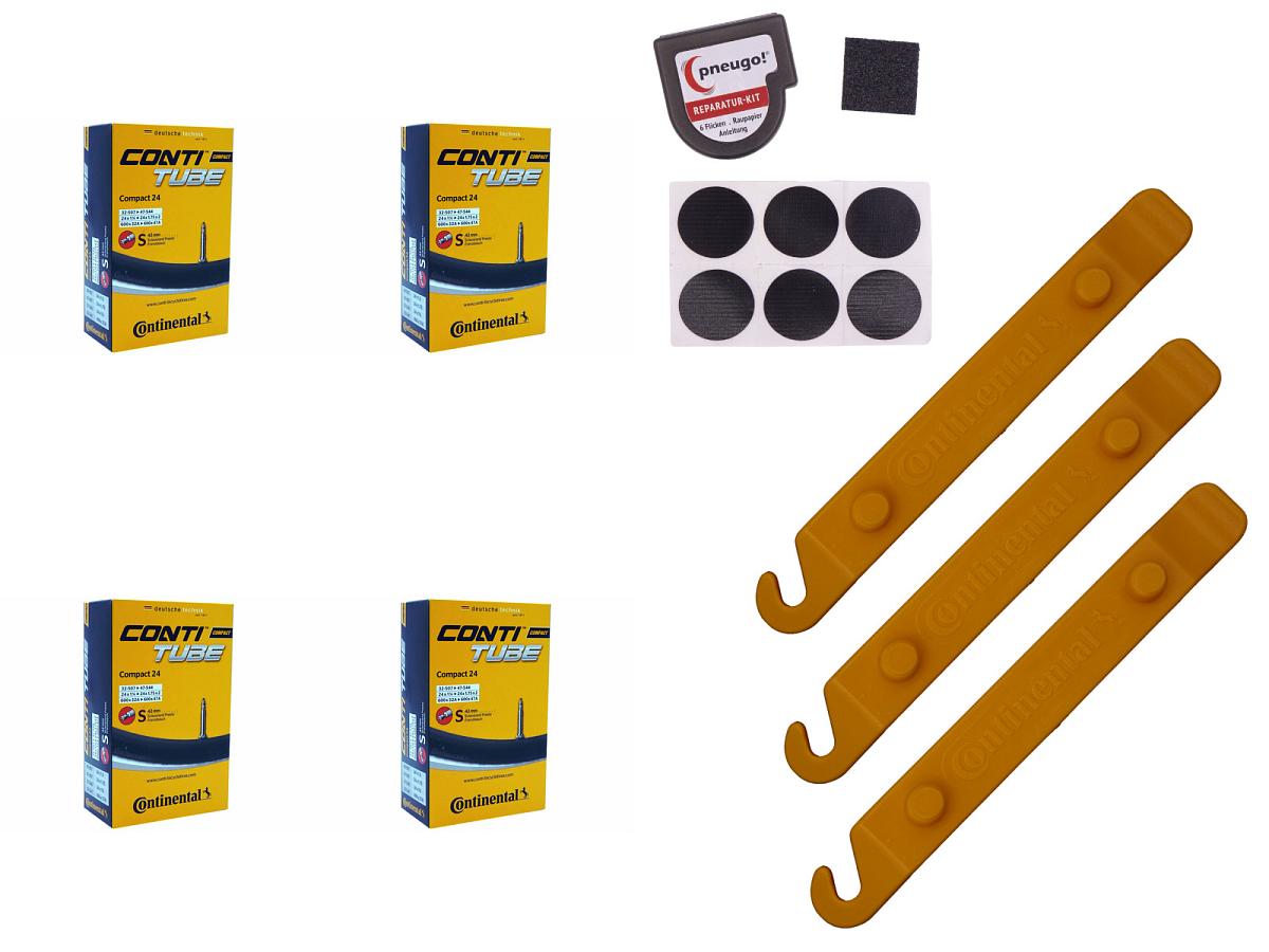 4x Fahrradschlauch Continental Compact 24 24 Zoll 32-507/47-554 Sclaverand-Ventil 42mm +3x Conti Reifenheber +pneugo! Reparatur-Kit