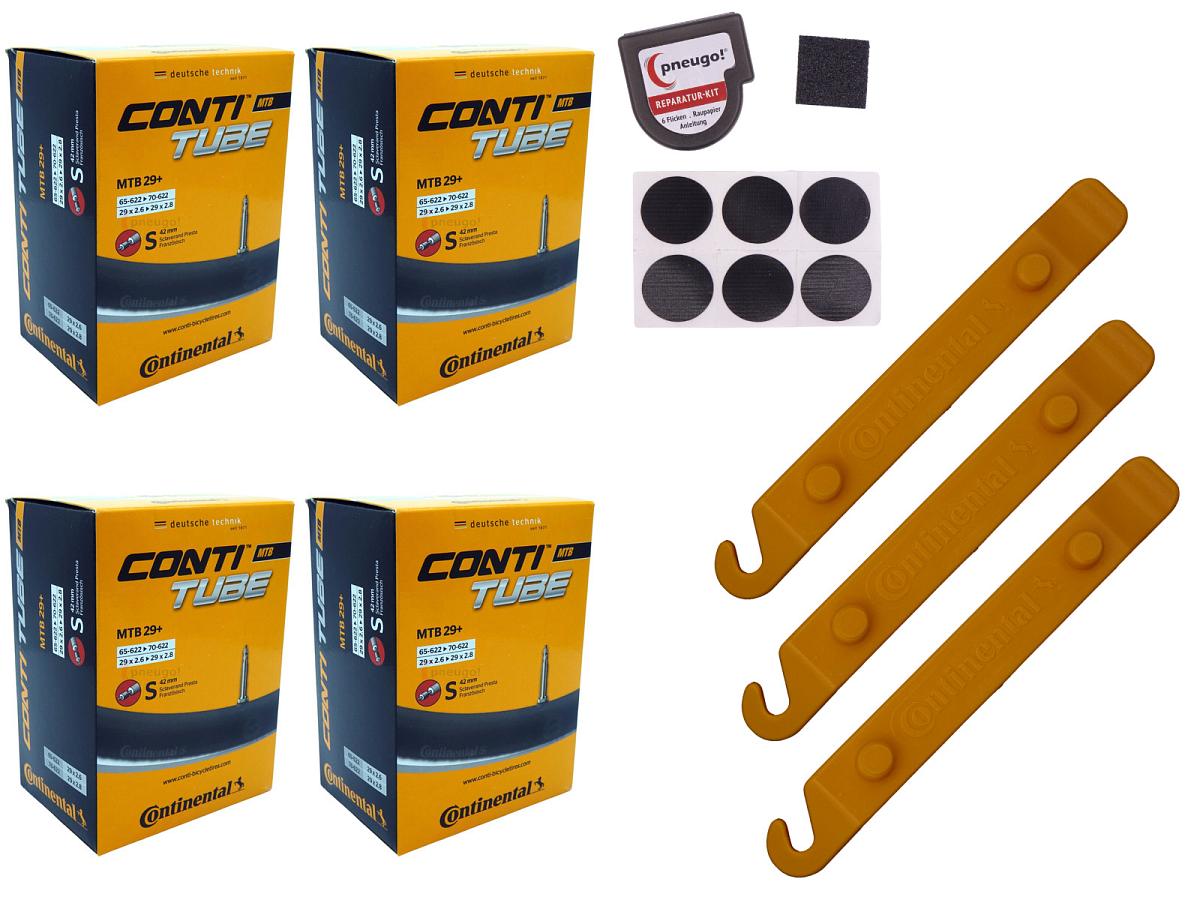 4x Fahrradschlauch Continental MTB 29 Wide 29 Zoll 65-622/70-622 Sclaverand-Ventil 42mm +3x Conti Reifenheber +pneugo! Reparatur-Kit